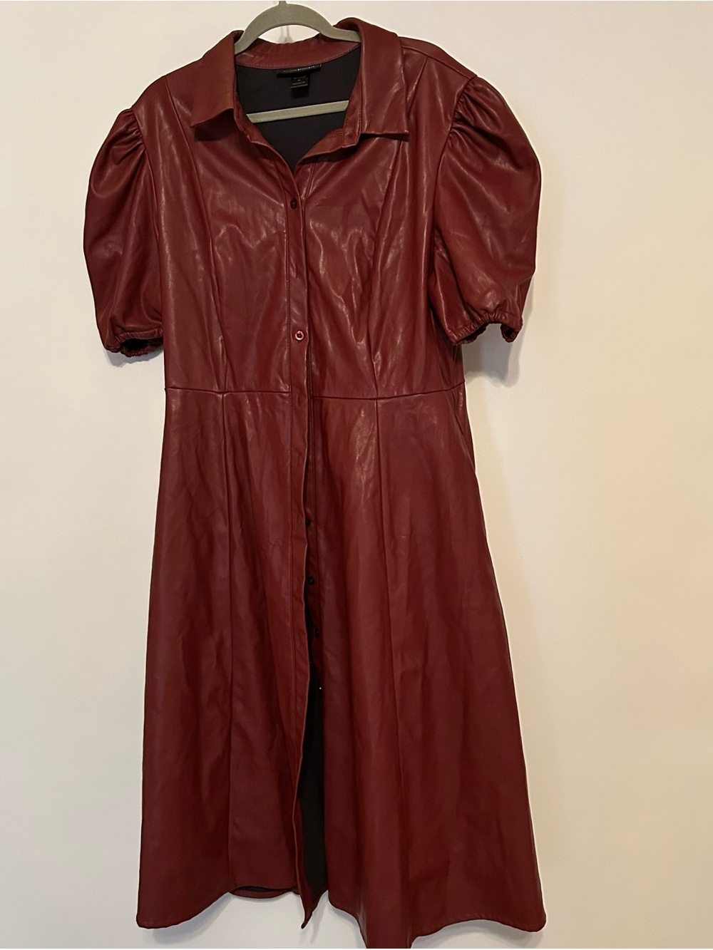 Ashley Stewart Burgundy Faux Leather Midi Shirt Dress